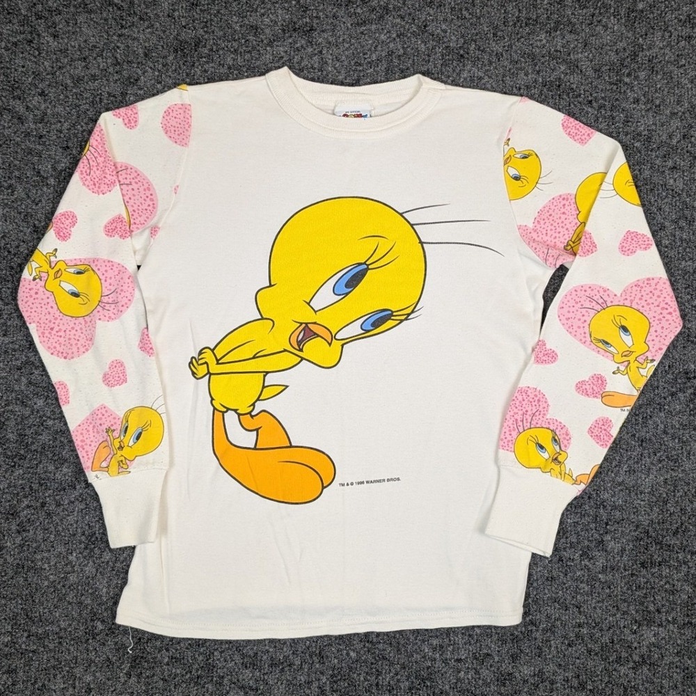 Vintage 1996 Looney Tunes Tweety Bird Heart Sleeve Shirt White Kids 12 USA Made